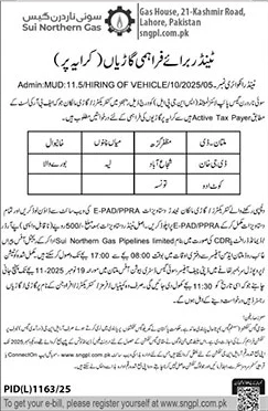 Sui Northern Gas Company Limited Lahore Tender Notice 1